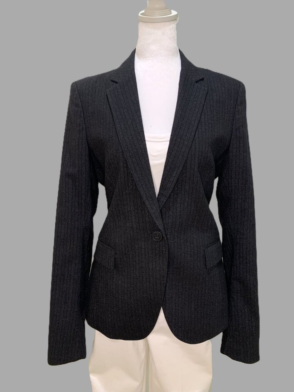 Theory Virgin‑Wool Women Pinstripe Dark Gray Blazer Career Office Size 8